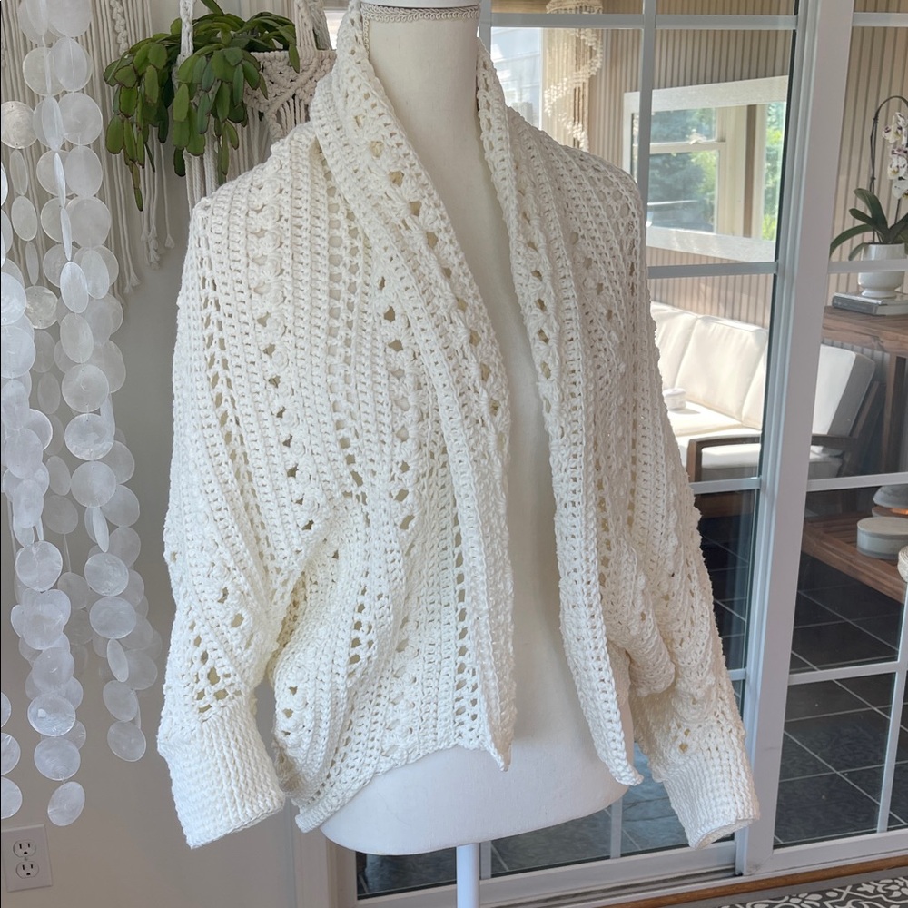 Elegant Cream Handmade Crochet Cotton Women's Sweater size L